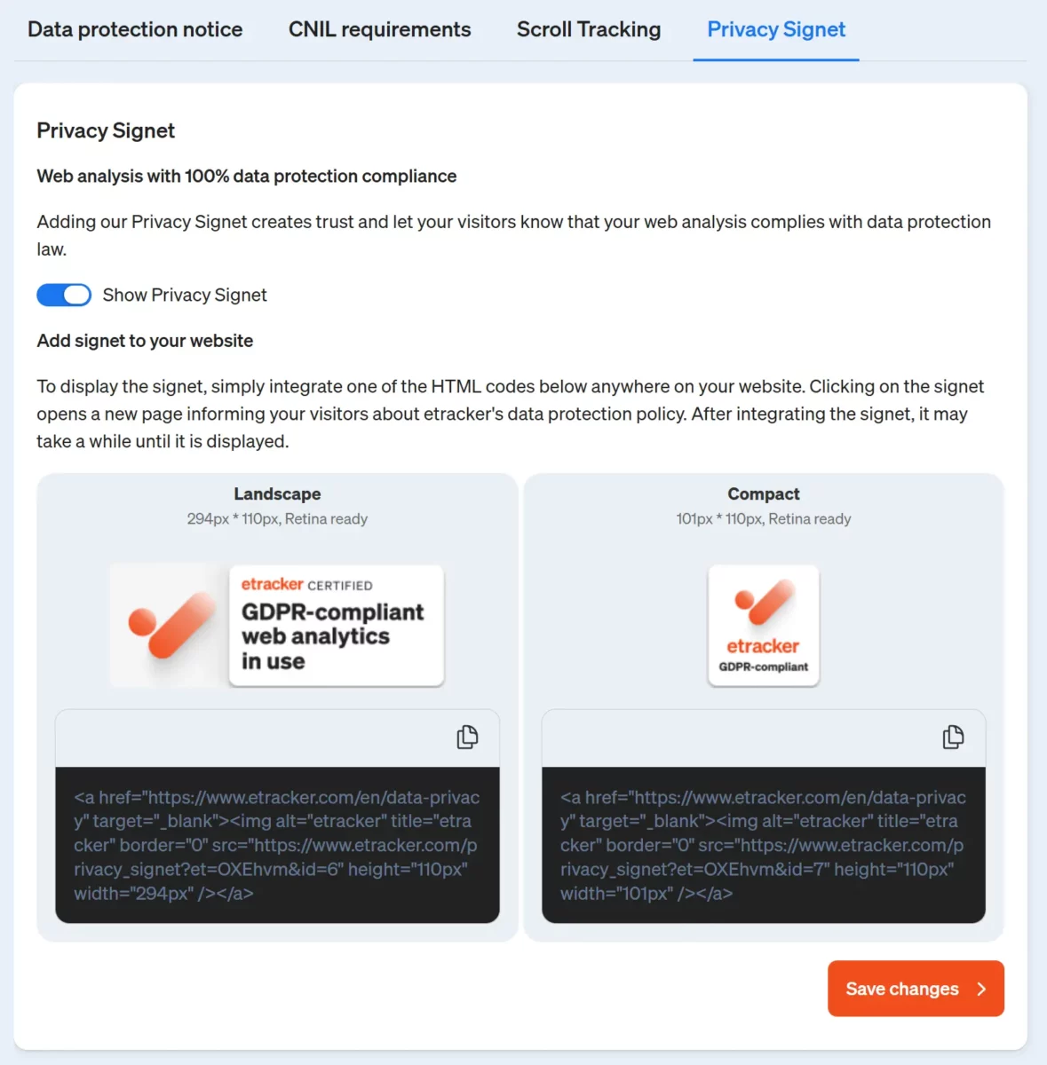 Screenshot etracker analytics application - code snippet for our data protection signet, which you can embed on your website