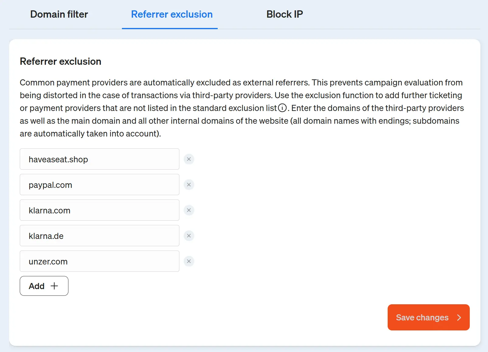 Screenshot etracker analytics application - Adding domains for the referrer exclusion