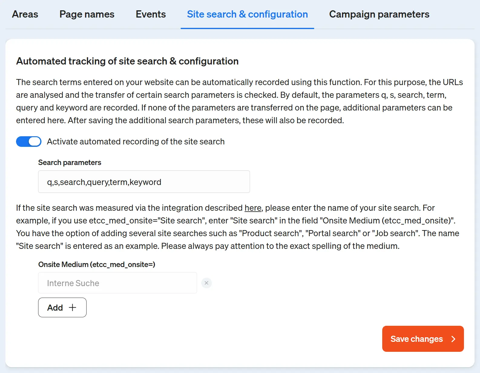 Screenshot of the etracker analytics application - configuration of the automatic recording of the internal search