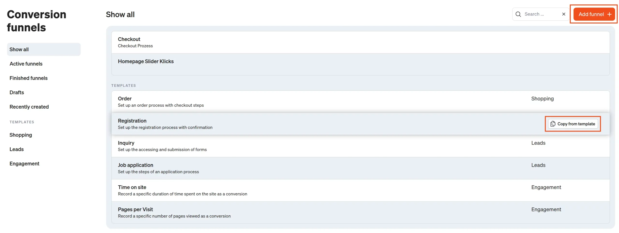 Screenshot of the interface for creating conversion processes