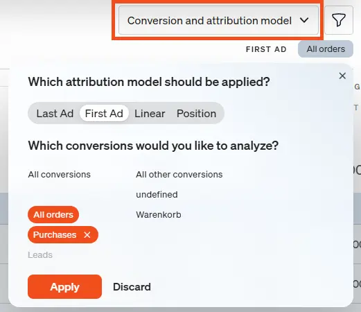 Change attribution model in etracker analytics