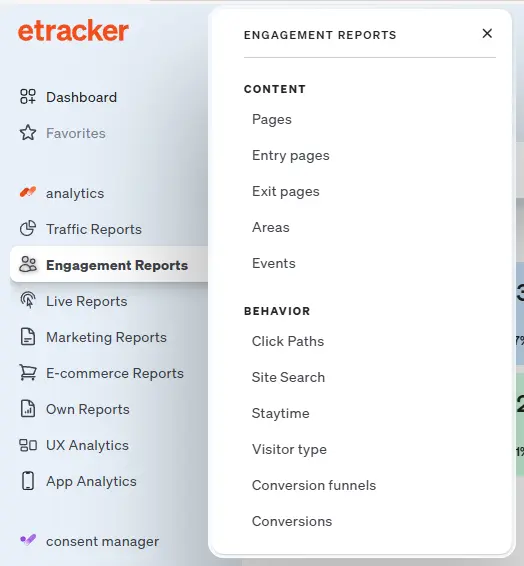 Screenshot of the navigation in etracker analytics