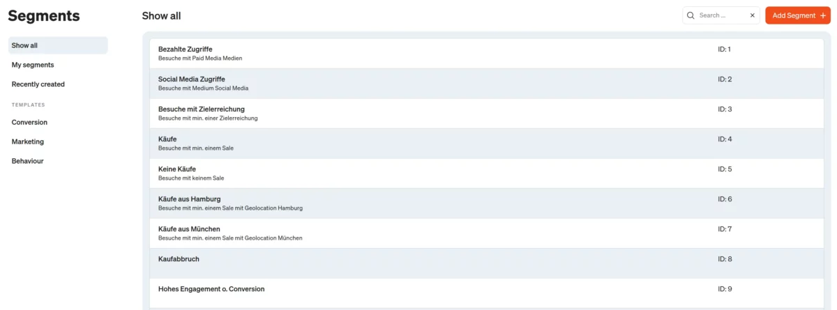 Screenshot of segment management in etracker analytics