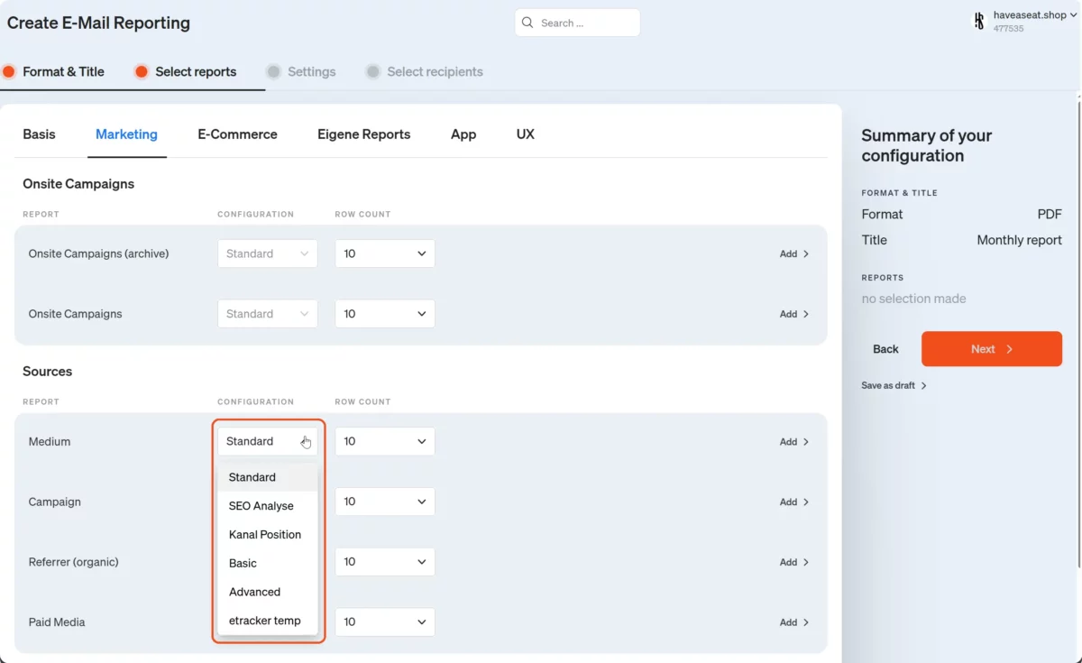 Create e-mail reporting in etracker analytics