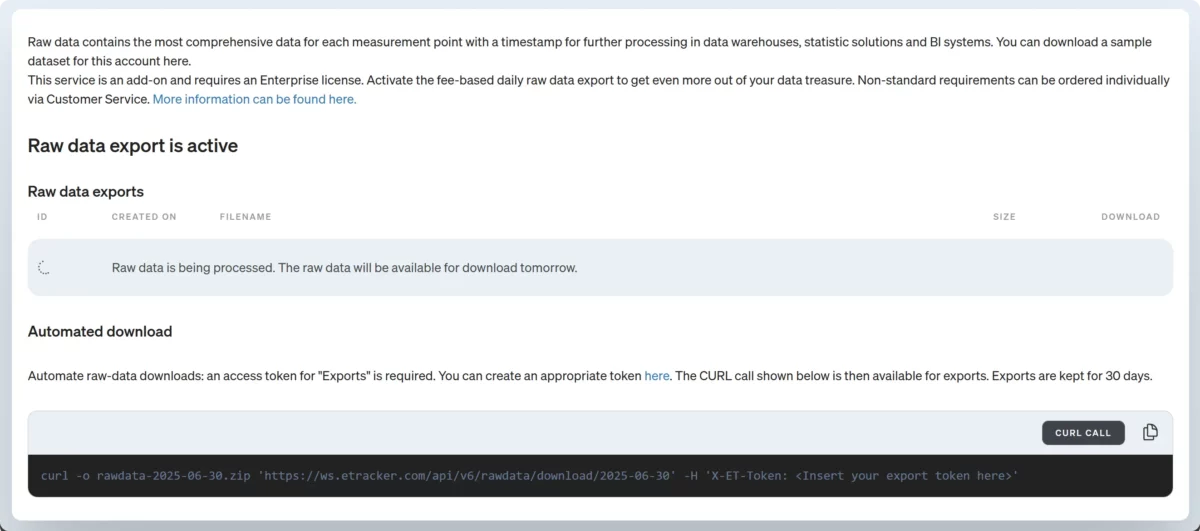 Activate raw data export in etracker analytics