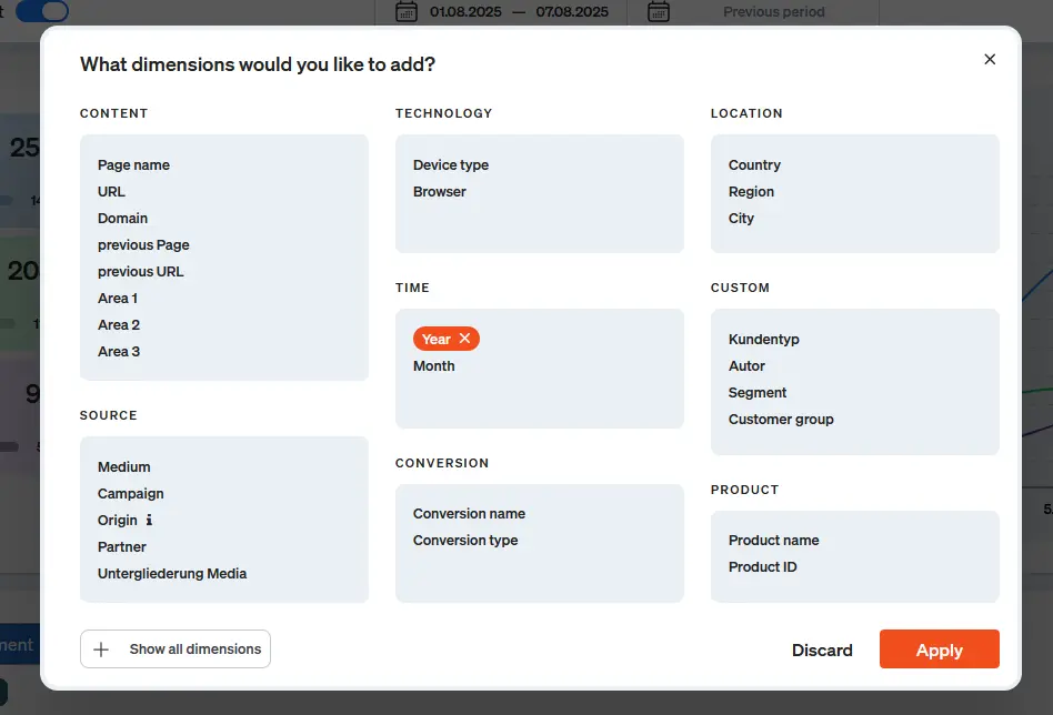 Screenshot of the new display of the overlay for dimensions and segments in etracker analytics