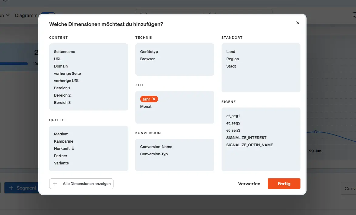 Screenshot der neuen darstellung des Overlays für Dimensionen und Segmente in etracker analytics