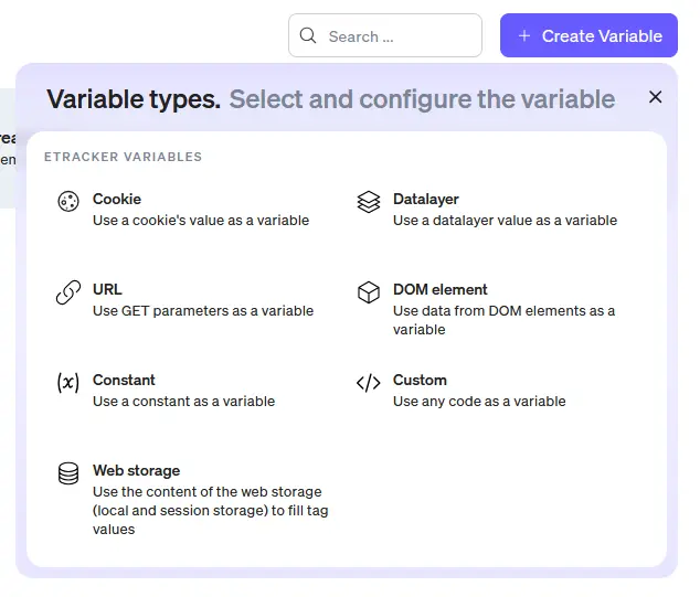 Screenshot variable type Web Storage add etracker tag manager