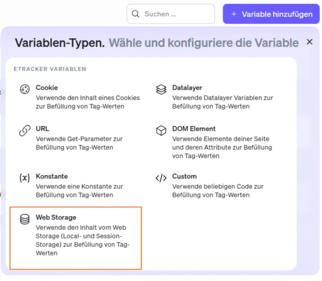 Screenshot Variablen-Typ Web Storage hinzufügen etracker tag manager