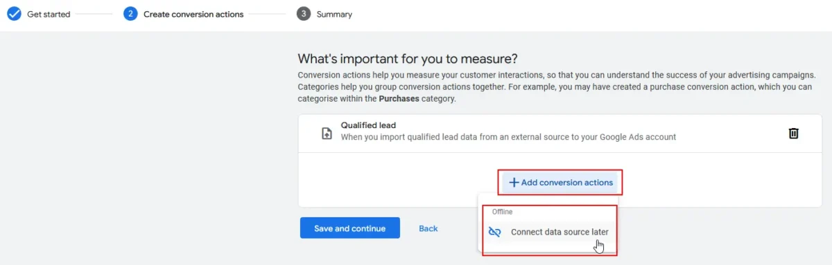 Screenshot Google Ads account Add conversion action