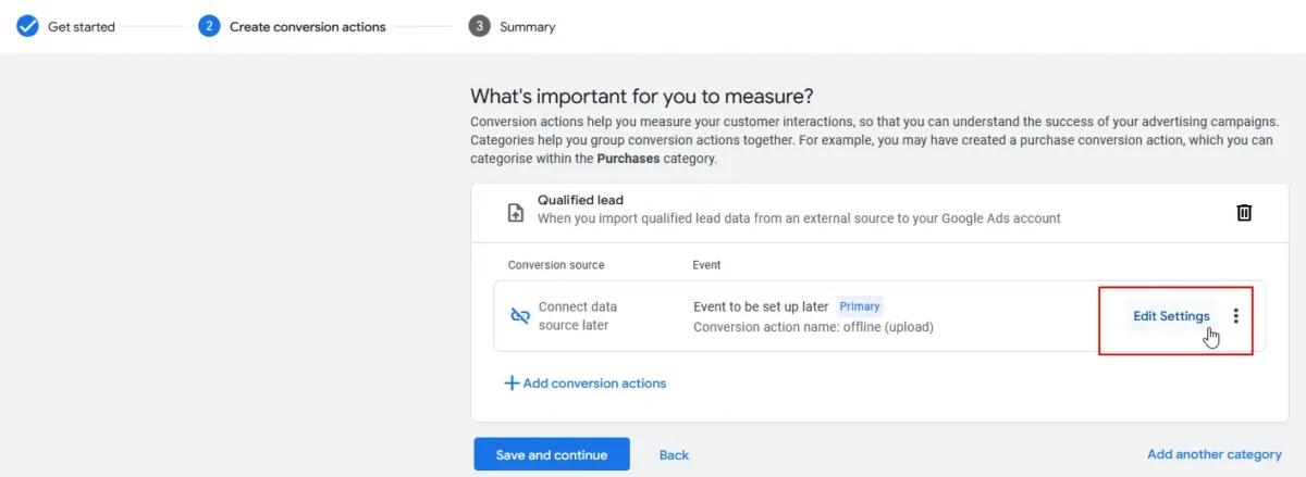 Screenshot of Google Ads account Edit conversion action settings