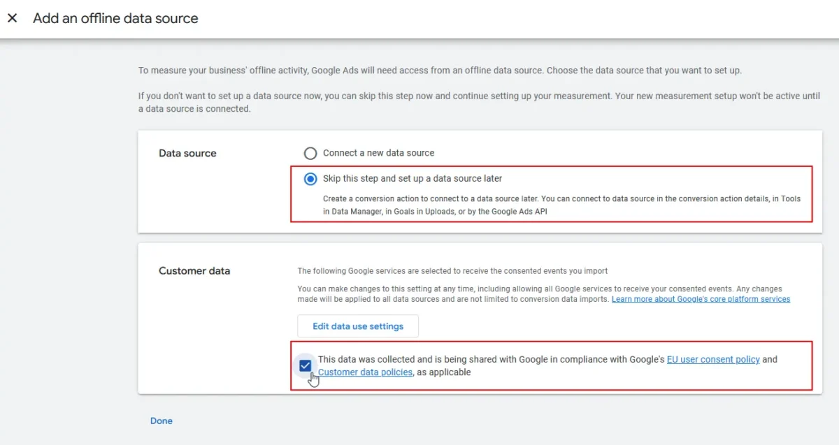 Add screenshot offline data source in Google Ads account