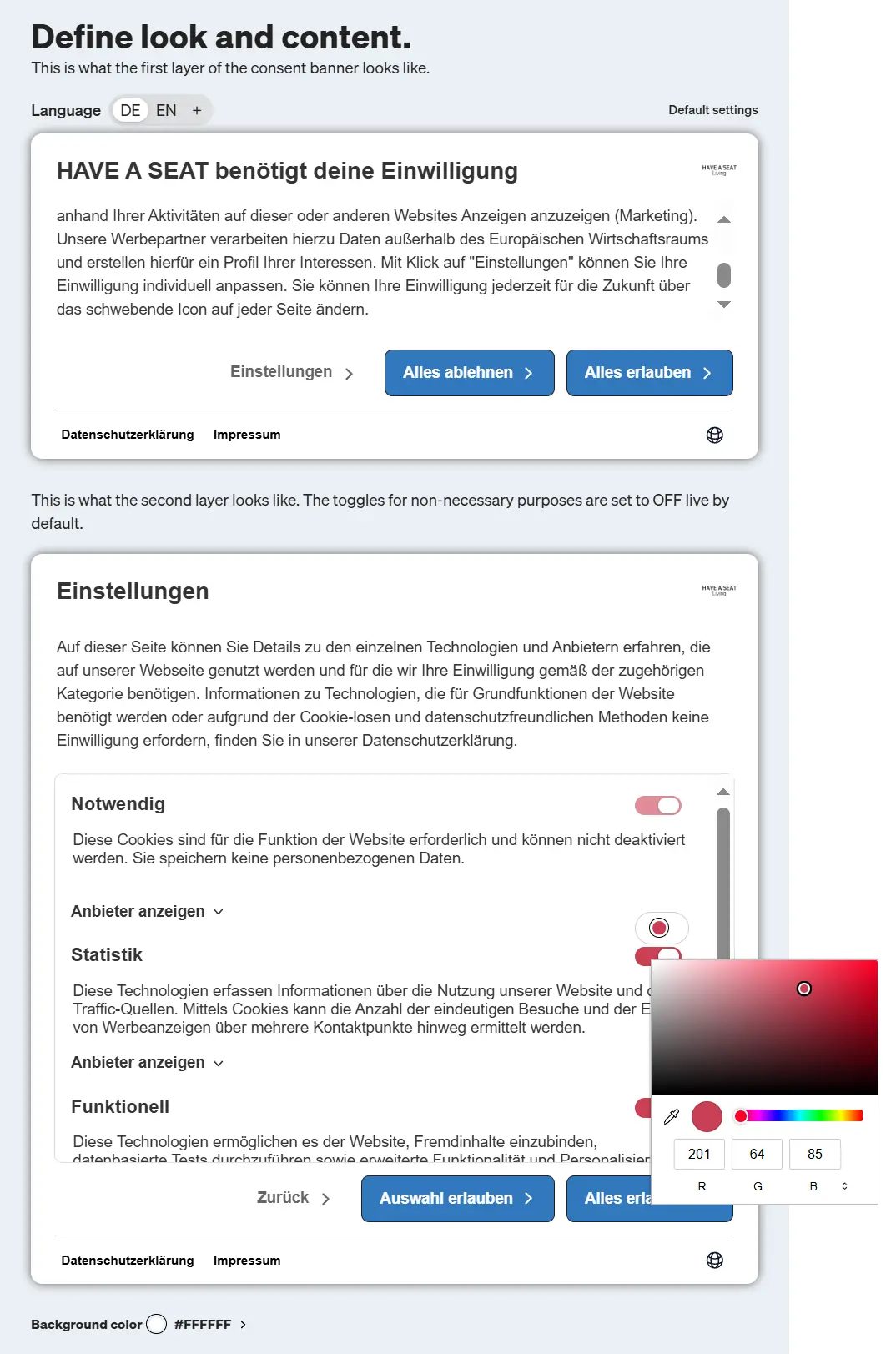 Here you define the design of your consent in the etracker consent manager