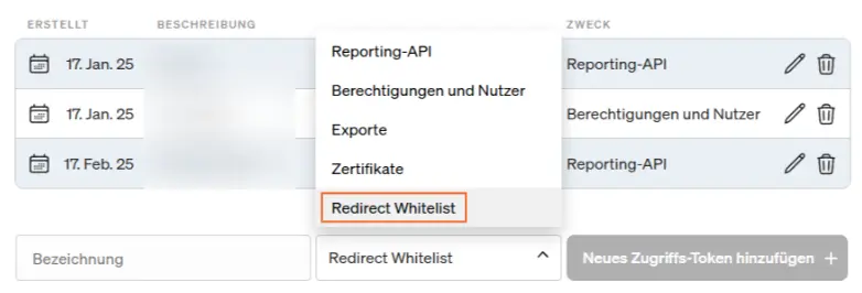 Screenshot of etracker analytics: new type for the access token