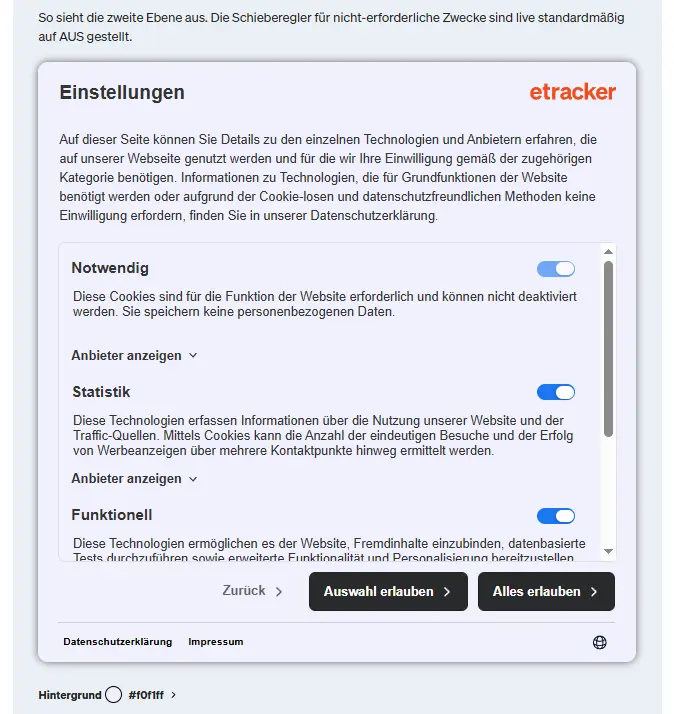 Screenshot etracker consent manager Customize the design of the details
