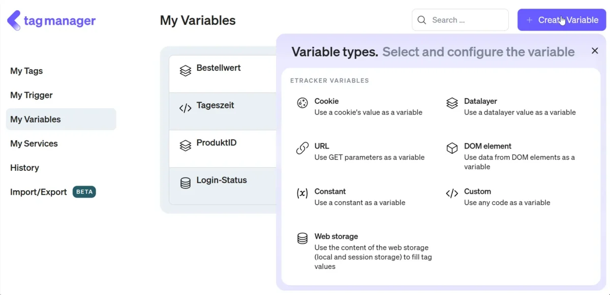 Add screenshot variable in etracker tag manager