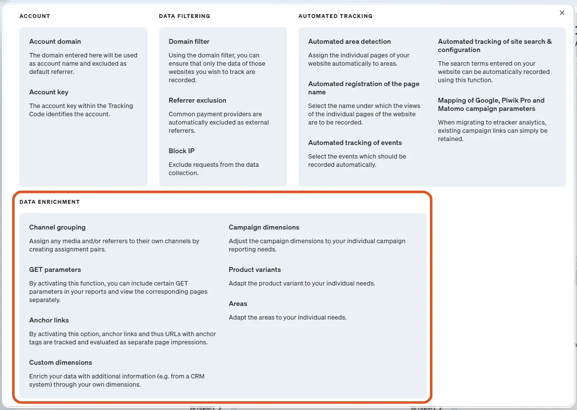 Screenshot of the menu for data enrichment in etracker analytics