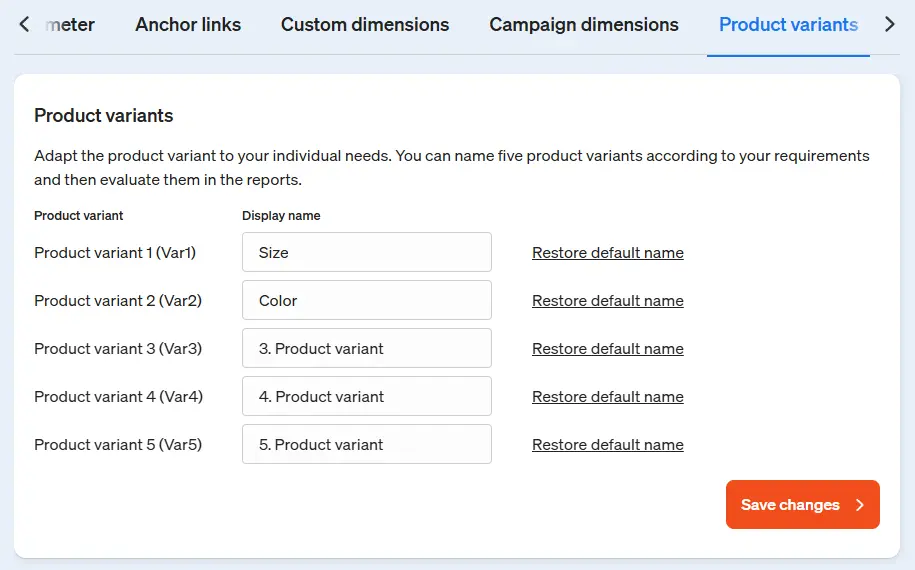 Screenshot Customize product variants in etracker analytics