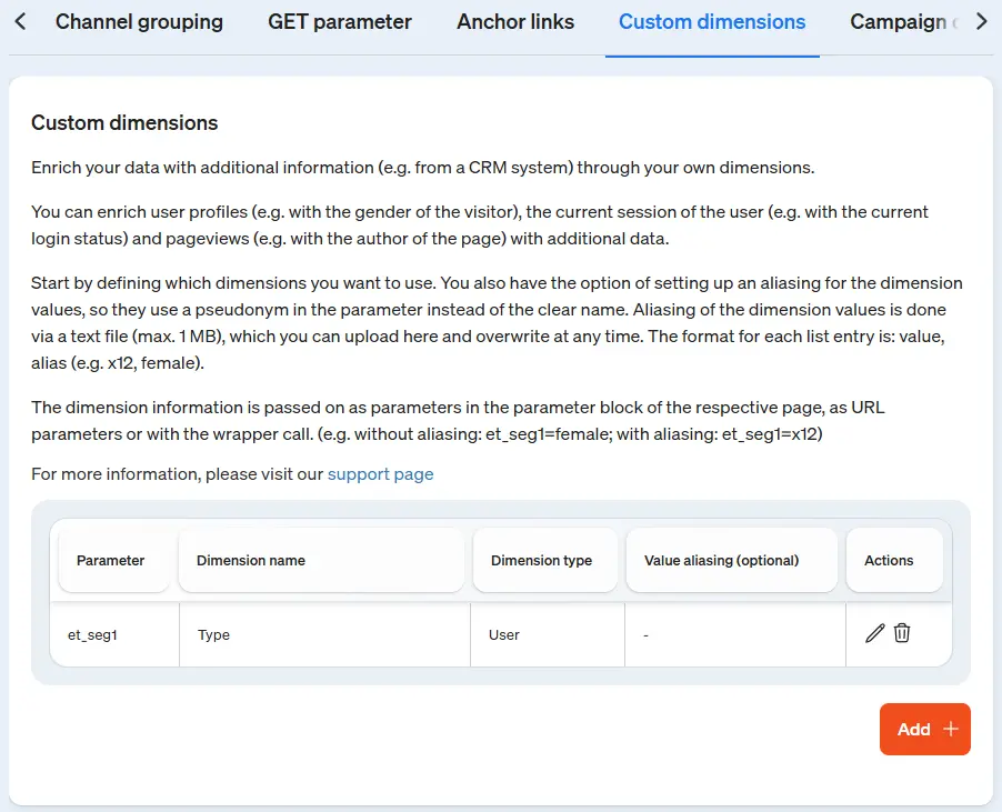 Screenshot of creating your own dimensions in etracker analytics
