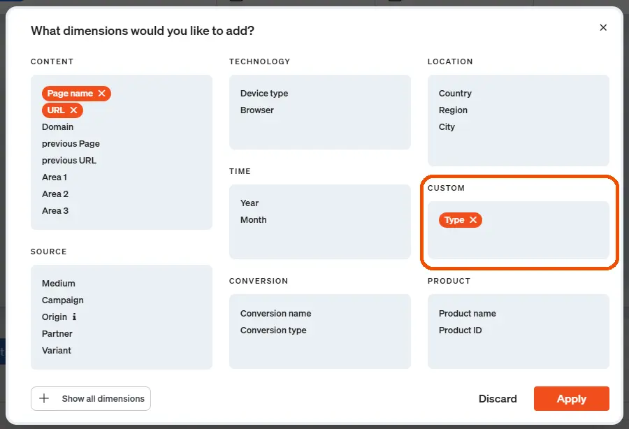 SCreenshot Add your own dimension to the report