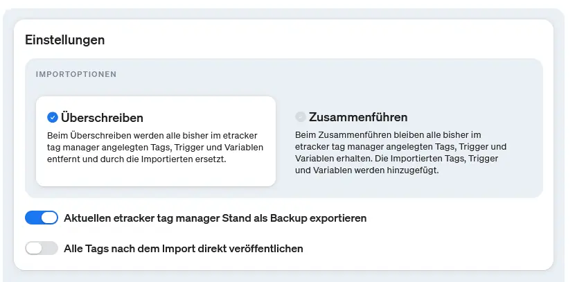 Screenshot Importoptionen im etracker tag manager