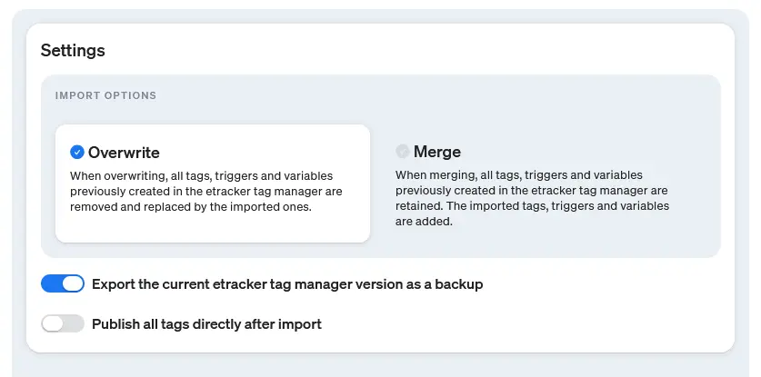 Screenshot of import options in the etracker tag manager