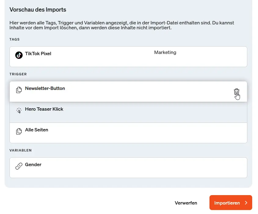 Screenshot Vorschau des Imports im etracker tag manager