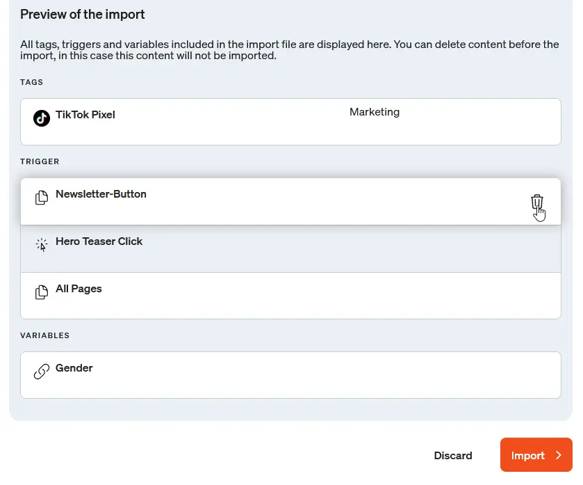 Screenshot preview of the import in the etracker tag manager