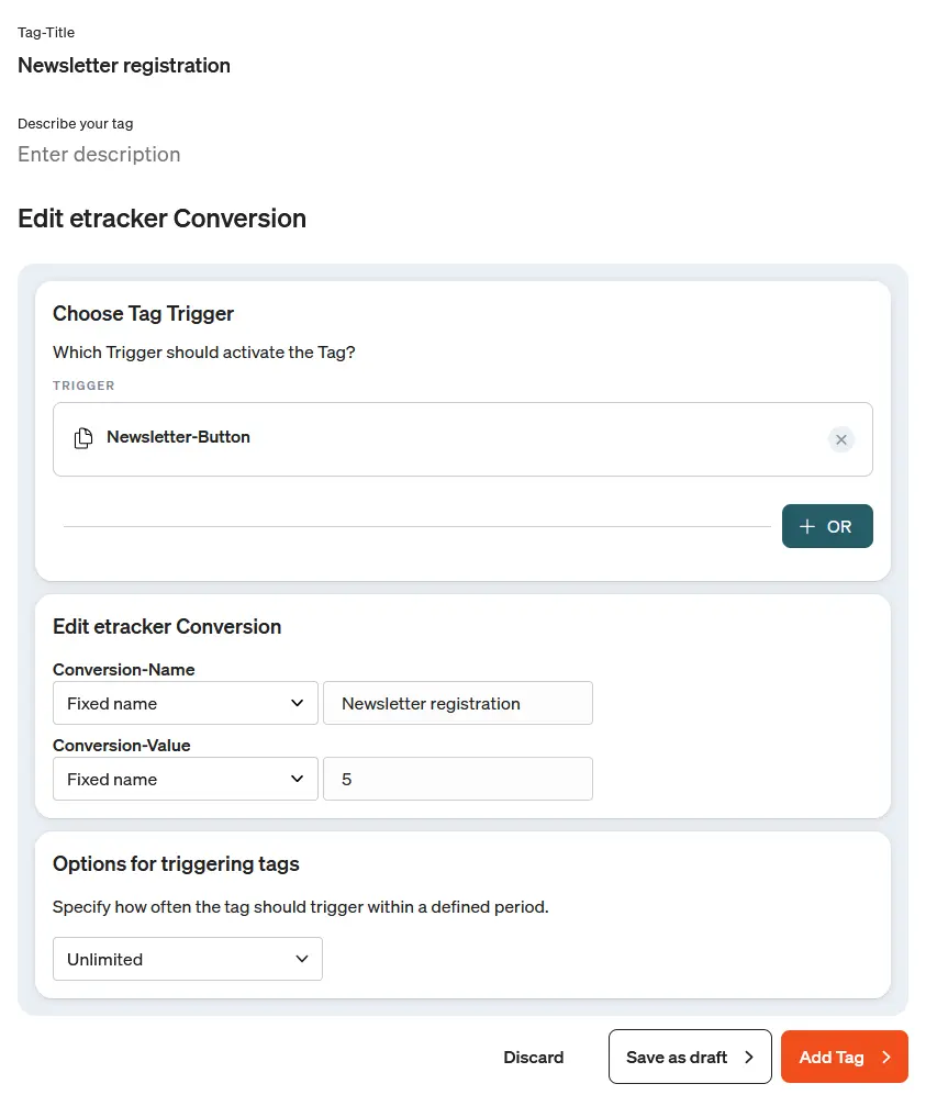 Screenshot etracker tag manager Conversion tag setup