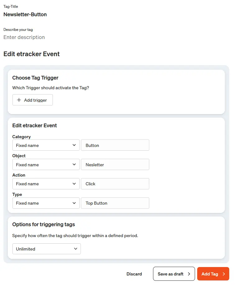 Screenshot etracker tag manager Set up event tag