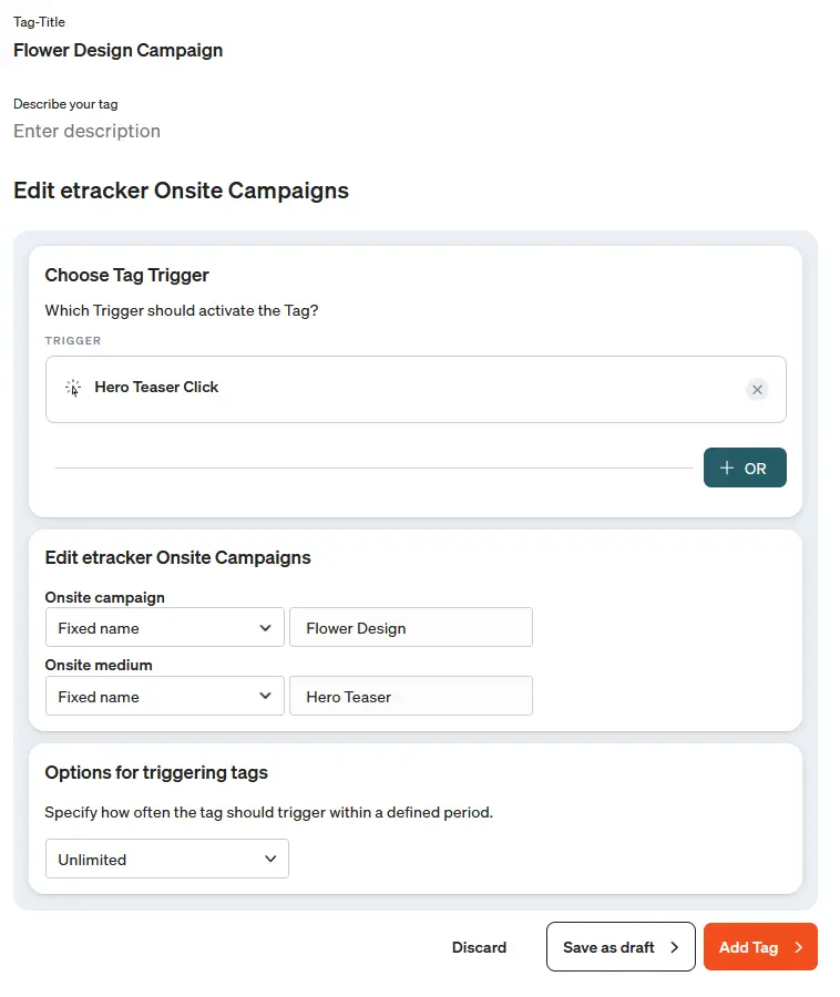 Screenshot etracker tag manager onsite campaign tag