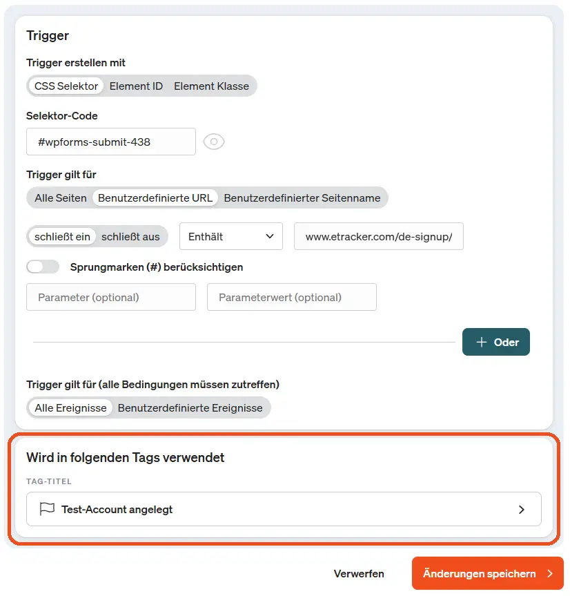 Screenshot Release Notes Anzeige welche Trigger in welchen Tags verwendet werden