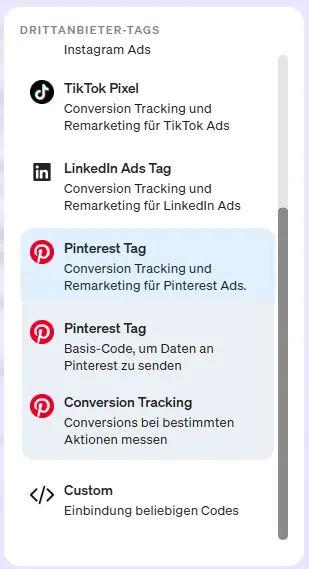 Screenshot Release Notes Pinterest Tag im etracker tag manager