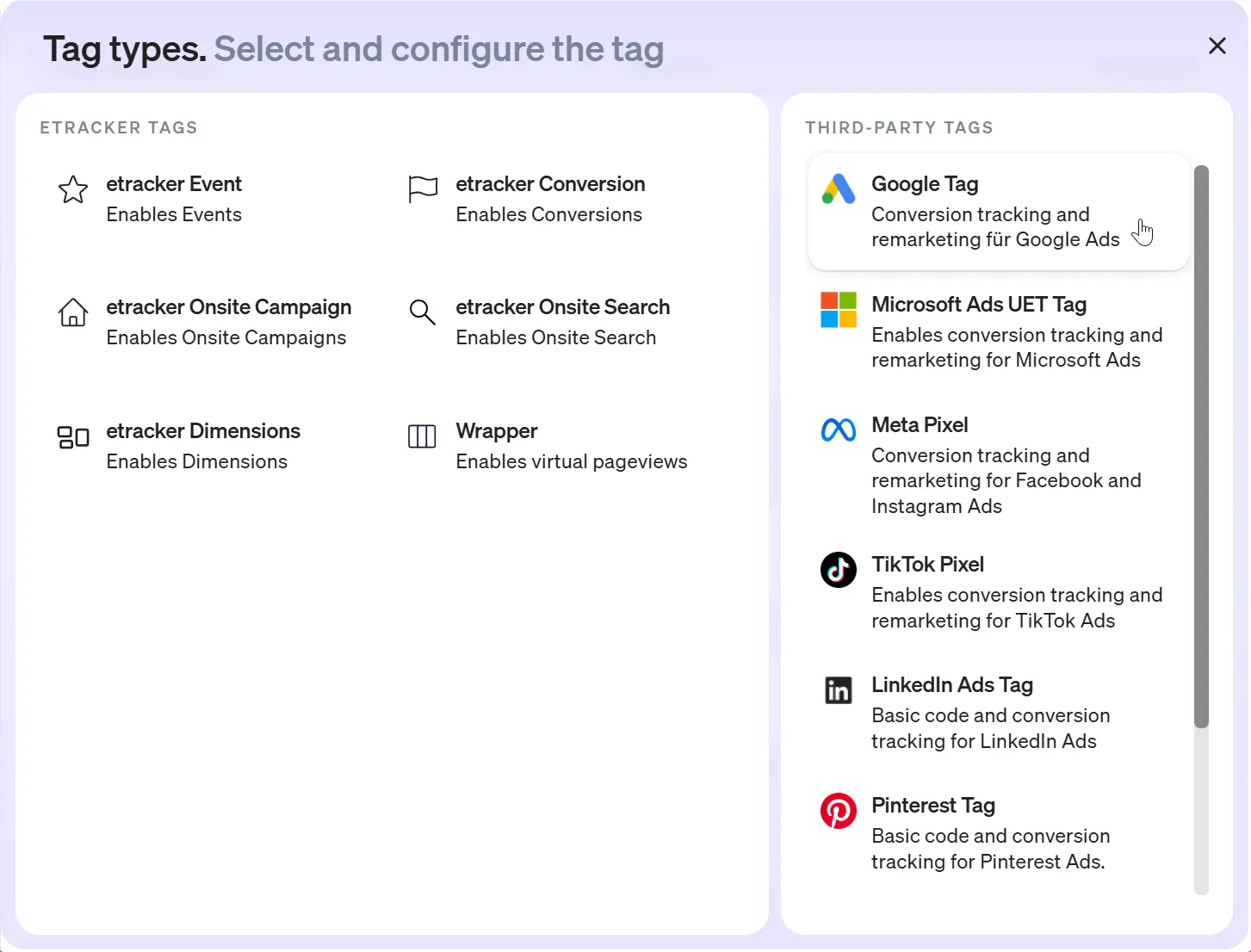 Screenshot of third-party tags in etracker analytics