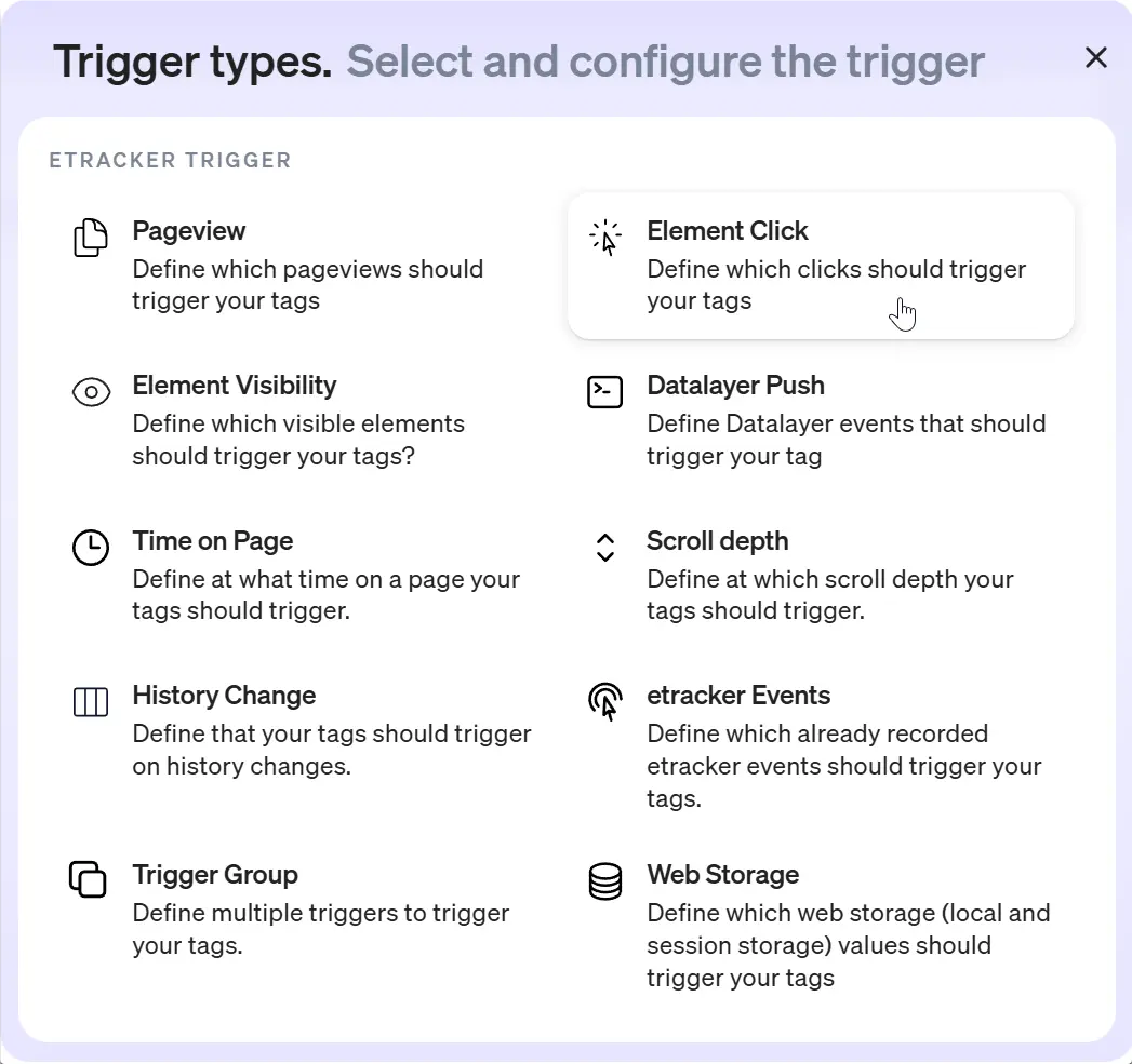 Screenshot etracker trigger types