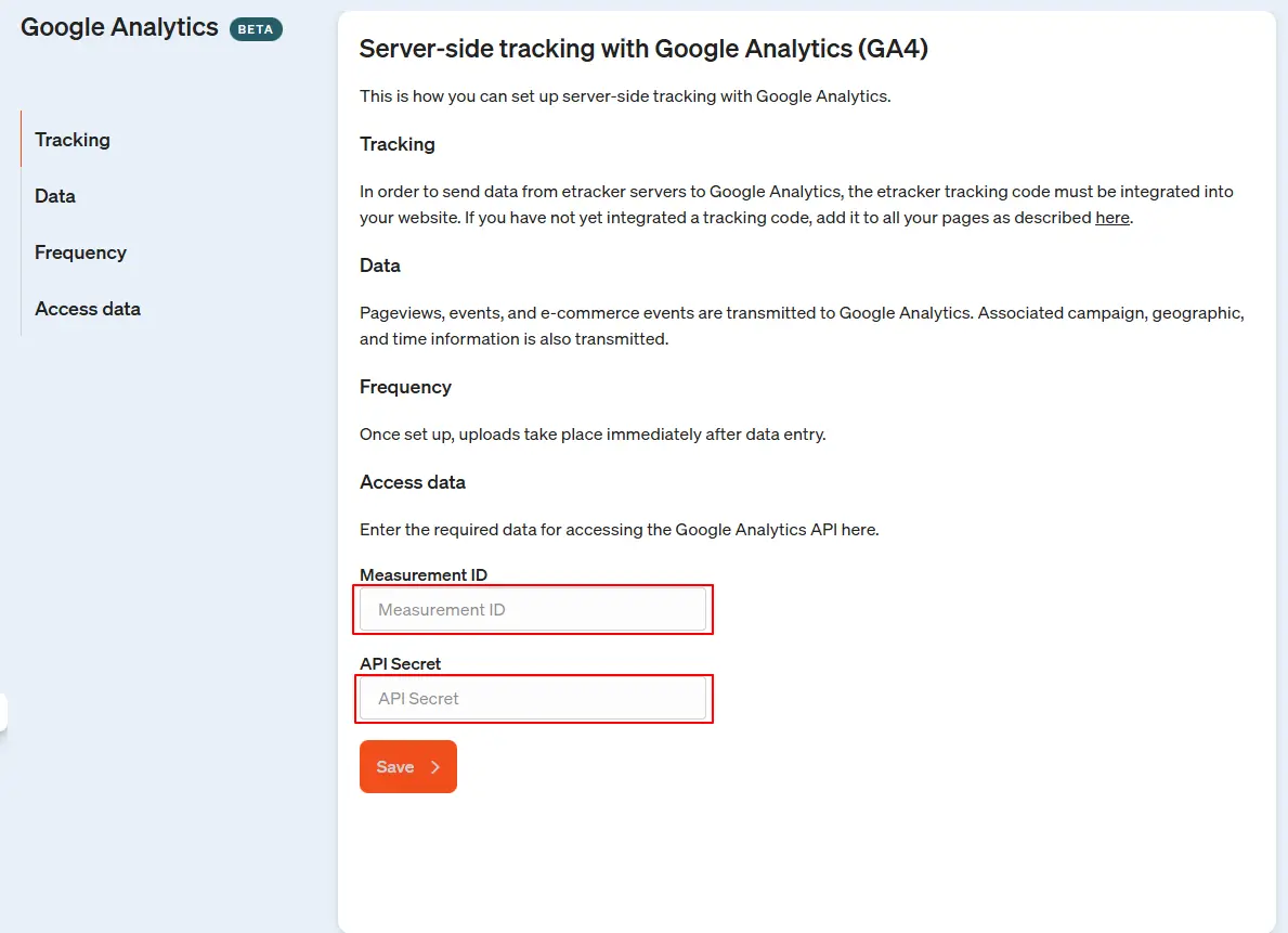 Screenshot Insert secret value in API Secret etracker analytics field