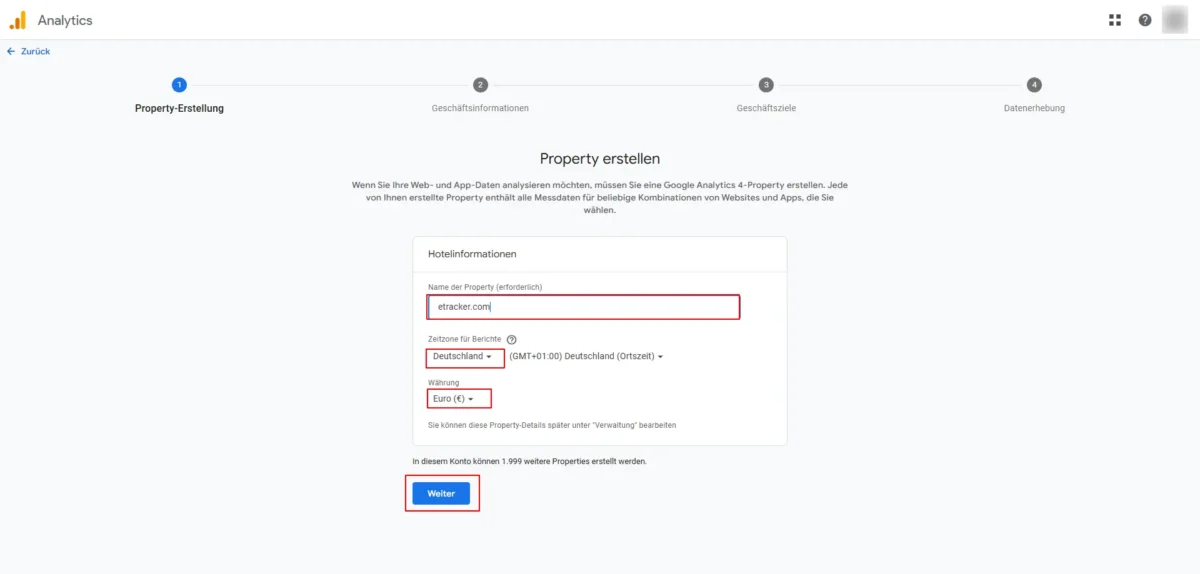 Screenshot Schritt 1 bei der Erstellung einer neuen Property in GA4
