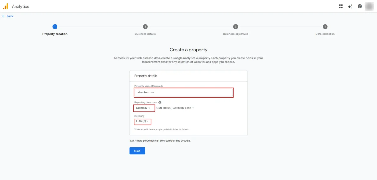 Screenshot of step 1 when creating a new property in GA4