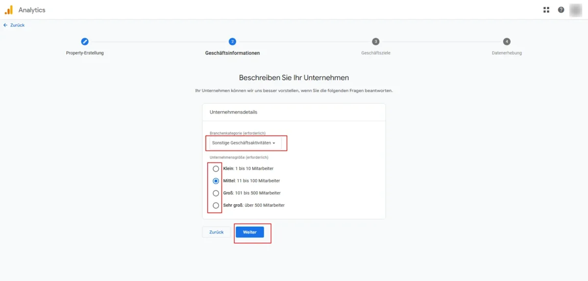 Screenshot Schritt 2 Geschäftsinformationen bei der Erstellung einer neuen Property in GA4 angeben