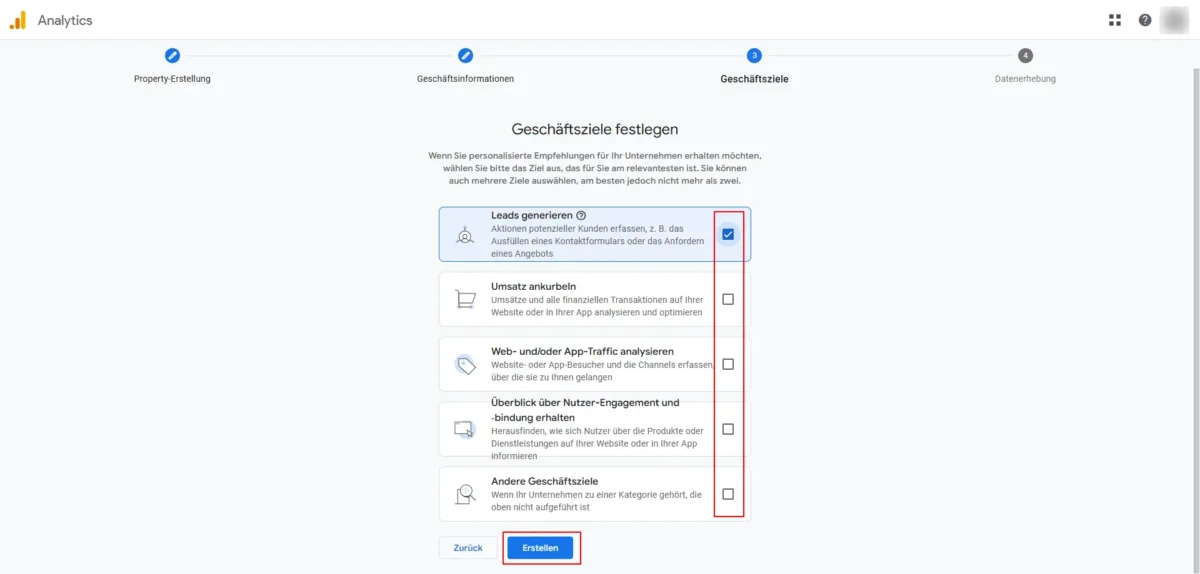Screenshot Schritt 3 Geschäftszieleen bei der Erstellung einer neuen Property in GA4 angeben