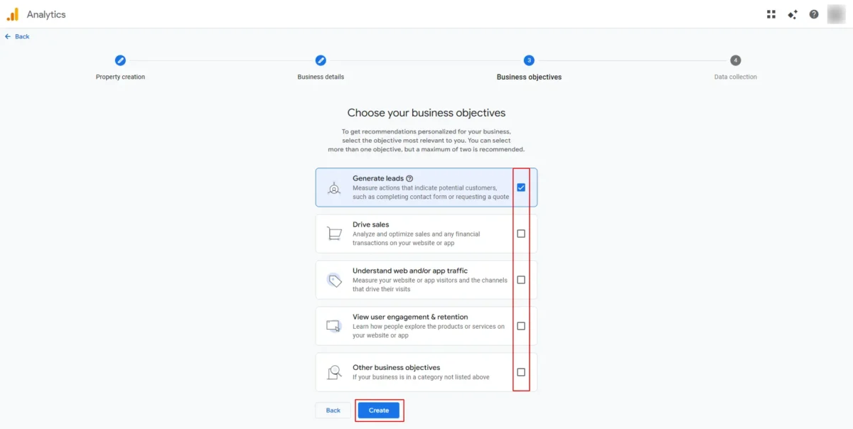 Screenshot Step 3 Specify business objectives when creating a new property in GA4