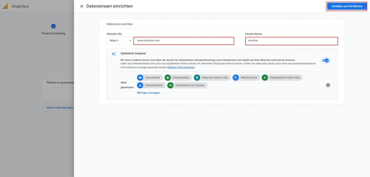 Screenshot Datenstream einrichten in GA4