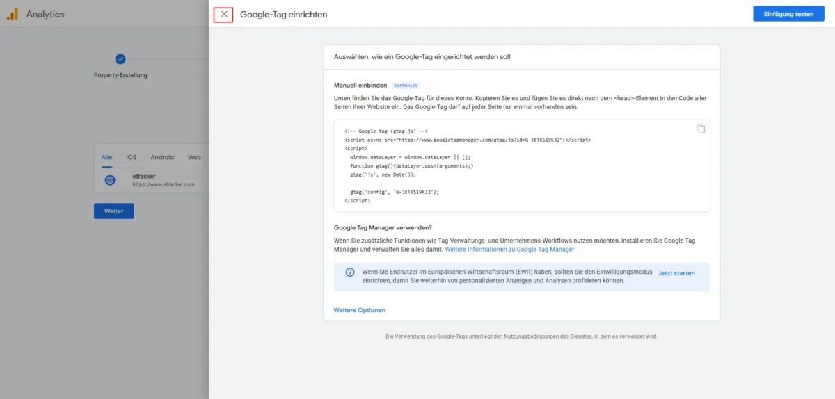 Screenshot Google-Tag einrichten überspringen