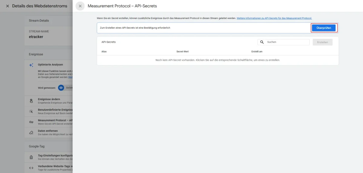 Screenshot Measurement Protocol - API-Secrets überprüfen