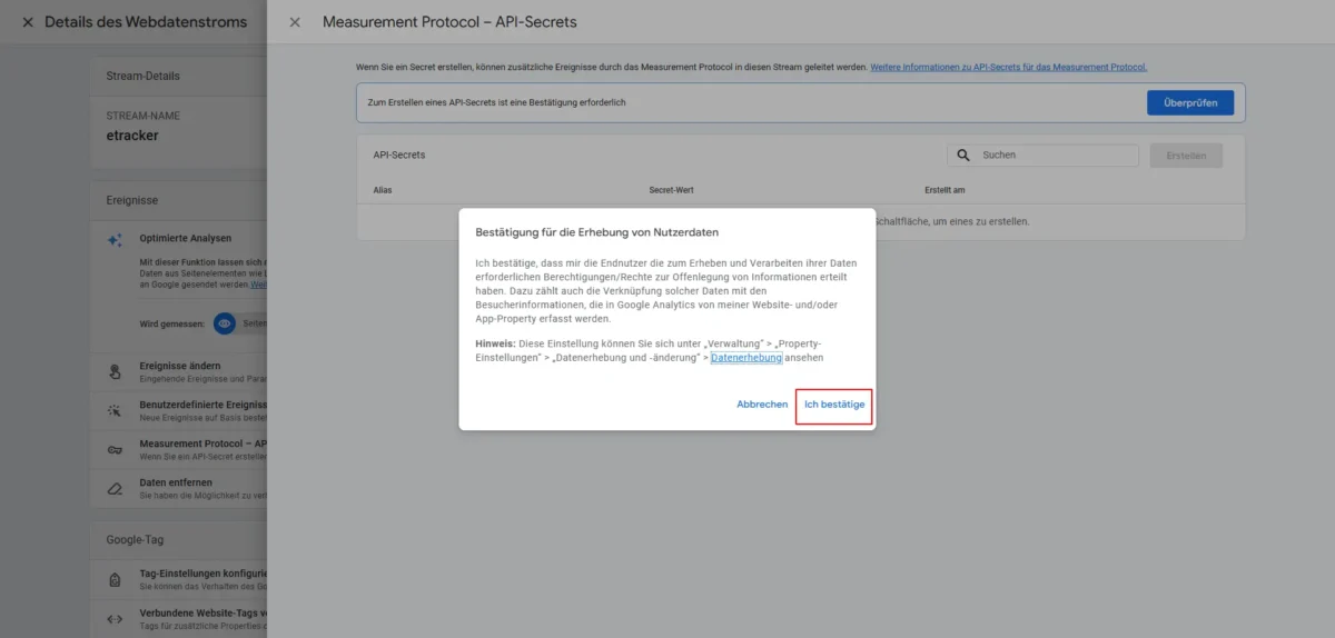 Screenshot Erhebung von Nutzerdaten bestätigen