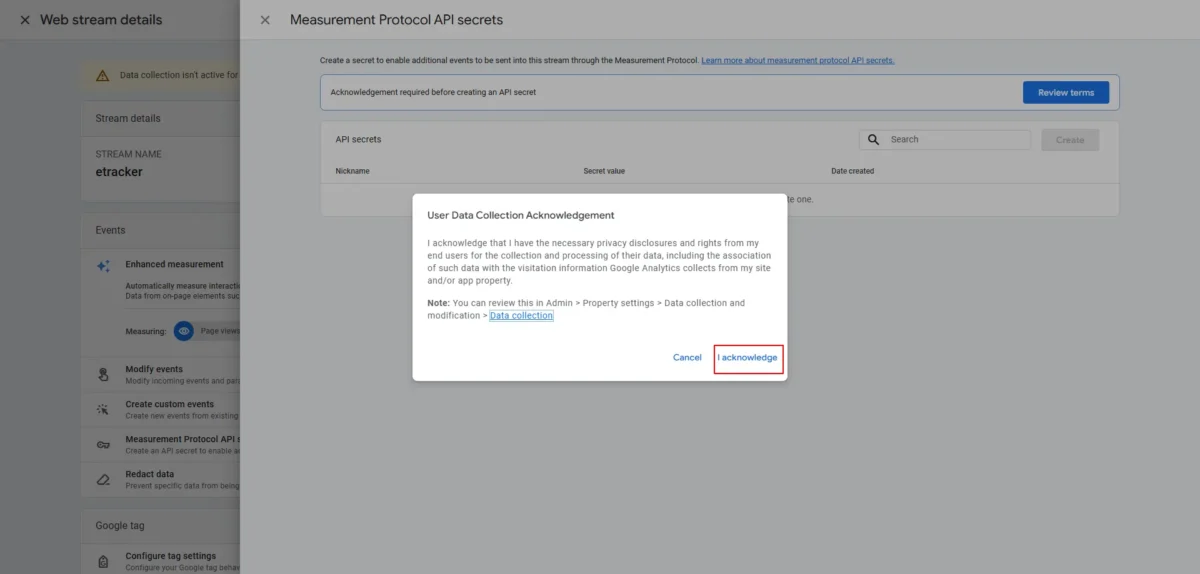 Confirm screenshot of user data collection