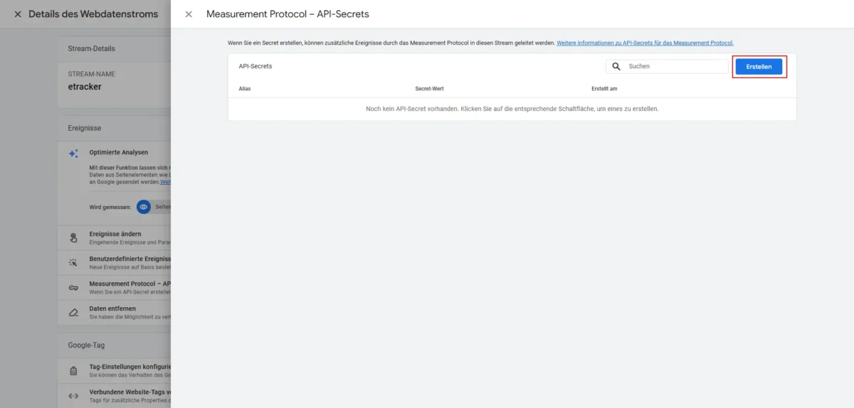 Screenshot Erstellen unter Measurement Protocol - API-Secrets auswählen 