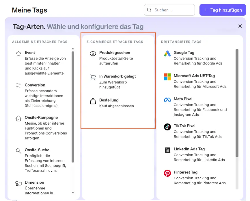 Screenshot E-Commerce Tags im etracker tag manager