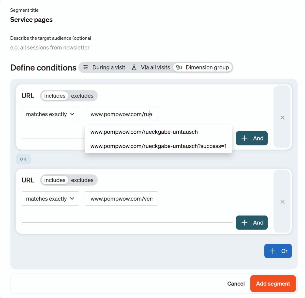 Screenshot Creating dimension groups in etracker analytics