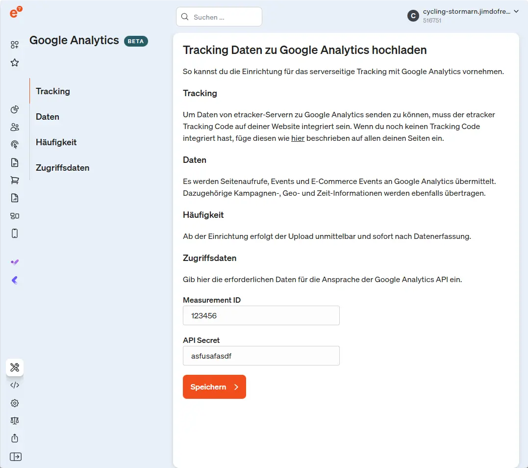 Screenshot GA Datenstrom einrichten